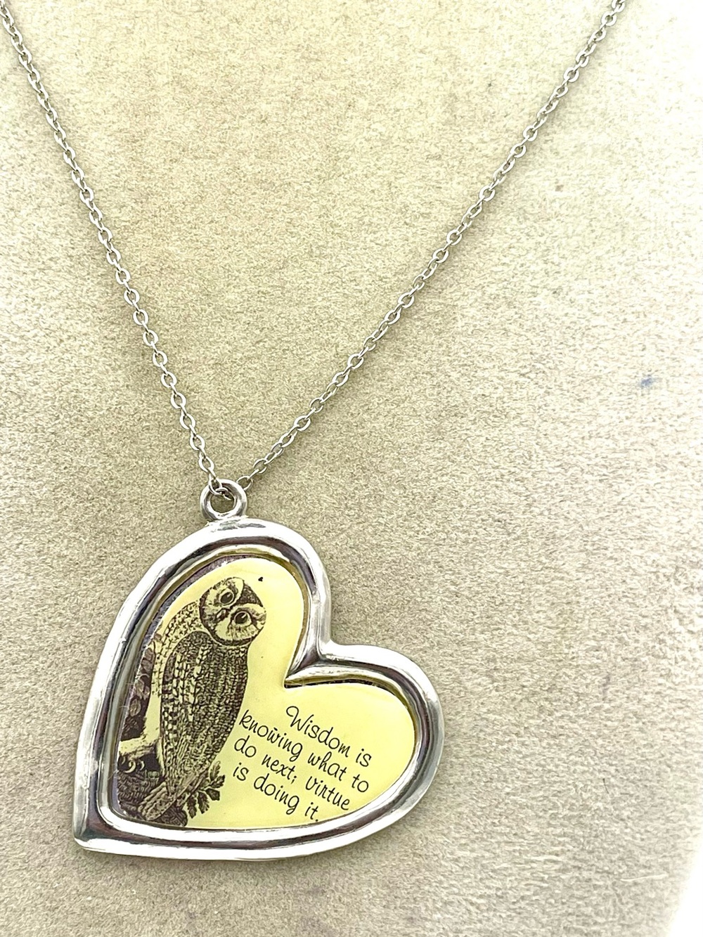 Owl Heart Pendant w/an Inspirational Quote Necklace in Yellow & Silver. 20 inch